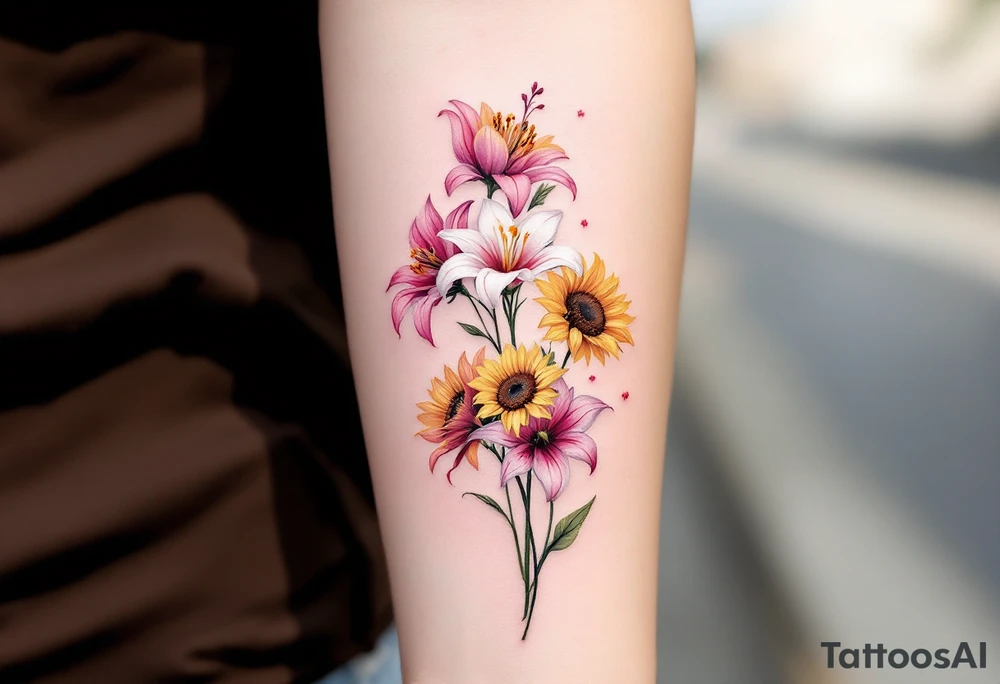 Sunflowers and stargazer lillies in pink and white in a dainty wildflower bouquet with stems tattoo idea