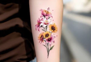 Sunflowers and stargazer lillies in pink and white in a dainty wildflower bouquet with stems tattoo idea