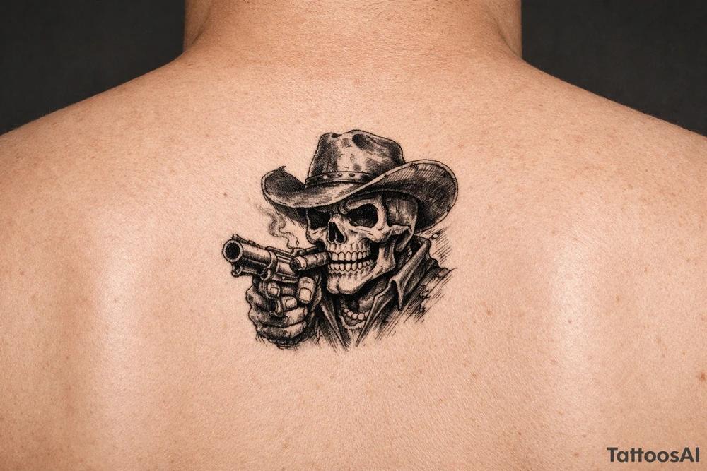 skull with cowboy-hat,a big cigar in his mouth and a gun in a hand. tattoo idea