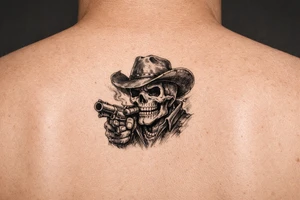 skull with cowboy-hat,a big cigar in his mouth and a gun in a hand. tattoo idea
