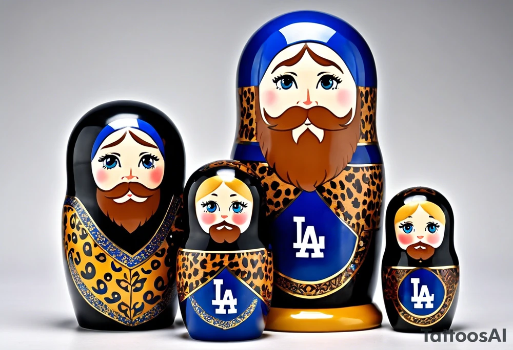 Matryoshka doll family of 4. Each separate doll is designed based on their individual description. Father (biggest doll) has full beard, blue eyes, short brown hair, loves LA Dodgers. Mother (second biggest doll) has blonde bob, blue eyes, thick rimmed black glasses, loves leopard print. Son is 4 years old, blue eyes, blonde spiky hair, loves Paw Patrol. Daughter is 2 years old, blue eyes, long eyelashes, short light brown bob, loves Bluey. tattoo idea
