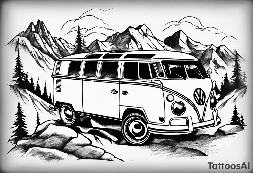 vw Typ 2 in einer landschaft aus bergen und Wälder tattoo idea