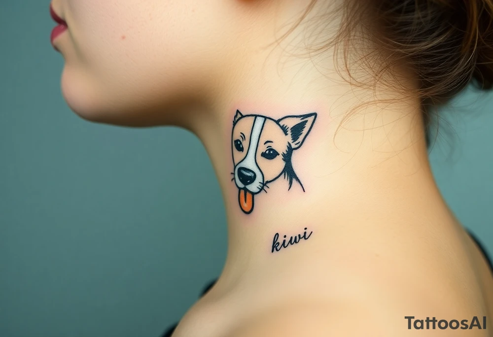 One line tattoo of female dog with white strip going up dog’s snout slightly off centered. With  toy and the dogs tongue slightly out and the name kiwi and an Aquarius them to it . Just the colors black  white brown and green tattoo idea