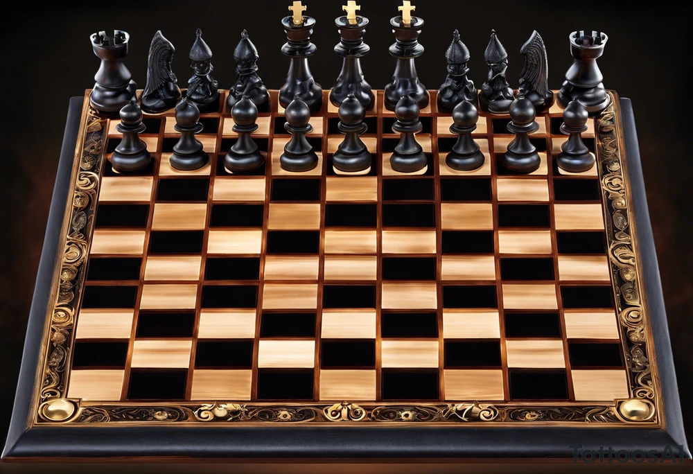 Create a visually stunning chessboard with celestial and infernal themes on opposite sides. Use radiant symbols like halos, feathers, and angelic wings for the celestial side, and incorporate flames, tails, and demonic horns for the infernal side.

Chess Pieces: Design the chess pieces as intricate representations of angels and demons. The angelic pieces could be elegant and ethereal, while the demonic pieces might have a more menacing and fierce appearance.

Details: Add small details to each square on the chessboard, such as heavenly clouds on the angelic side and swirling flames on the demonic side. This intricate detailing enhances the overall visual appeal.

Interaction: Show the chess pieces in mid-motion, suggesting a dynamic and ongoing struggle between the forces. The interaction between the pieces can convey the intensity of the eternal game. tattoo idea