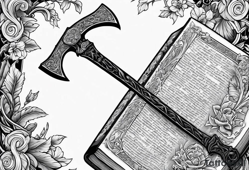An opened bible with a battle Axe tattoo idea