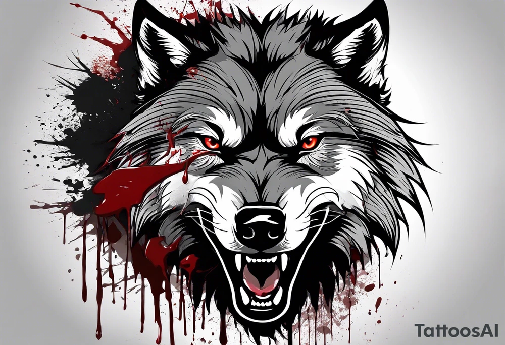 Create aggressive WOLF, with some blood coming out of his mouth and saliva. BLOOD IN THE BACKGROUND. Make it a drawing and use the image of reference. I am going to add. I want HIM TO BE ANGRY WITH RED EYES use VICIOUS WOLF THATS ANGRY tattoo idea