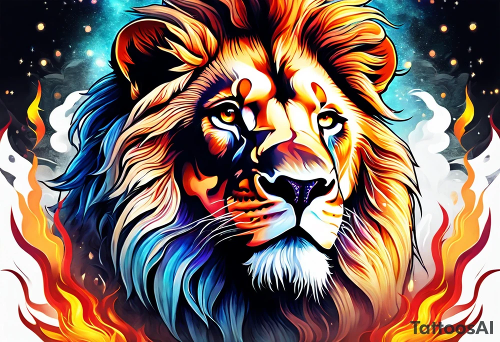 A lion surrounded by fire in full color tattoo idea