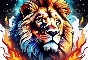 A lion surrounded by fire in full color tattoo idea