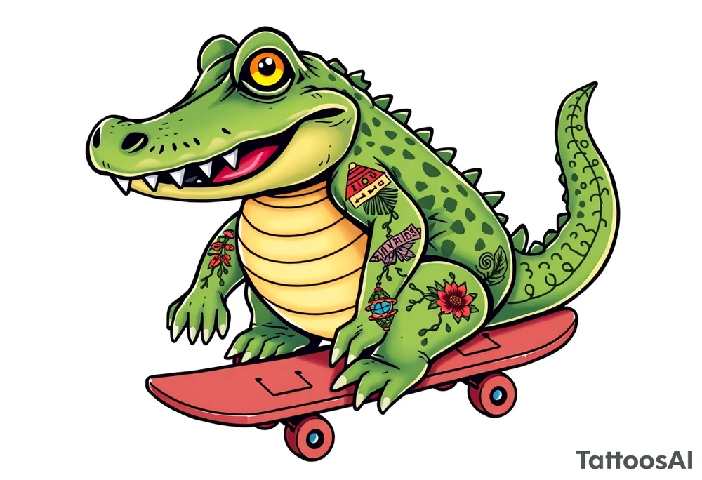 crocodile riding a skateboard with piercings and tattoos tattoo idea