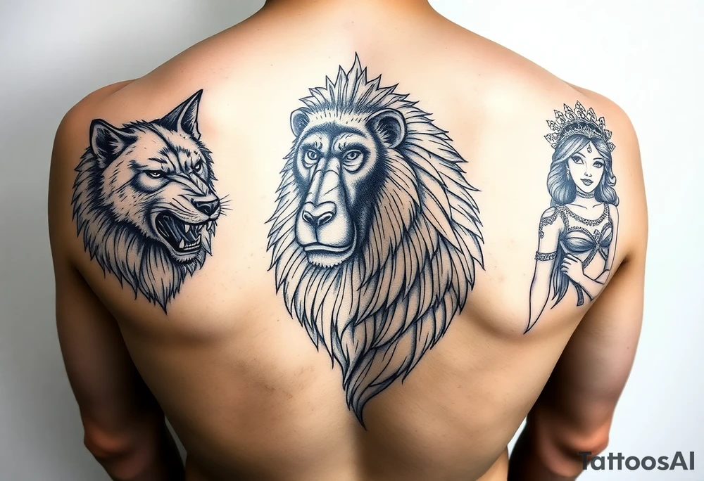 Wolf, gorilla lion and a princess tattoo idea