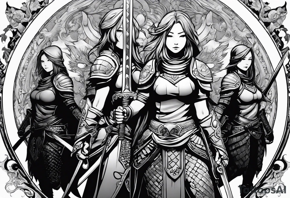 3 female warriors in full body armor wielding dual swords, you can only see their backs, in front of a incomplete enso circle tattoo idea
