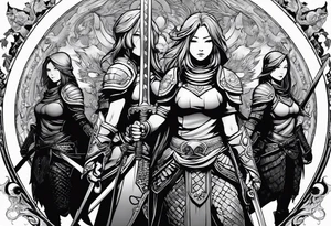 3 female warriors in full body armor wielding dual swords, you can only see their backs, in front of a incomplete enso circle tattoo idea