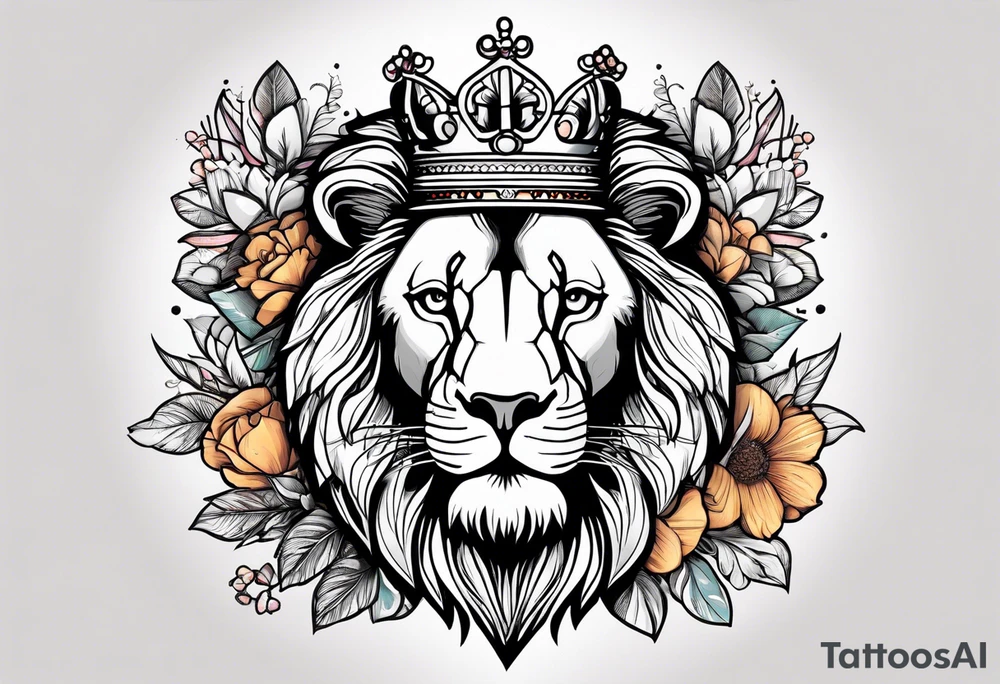 vintage lion with king crown and flowers surrounding it tattoo idea