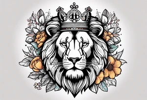 vintage lion with king crown and flowers surrounding it tattoo idea