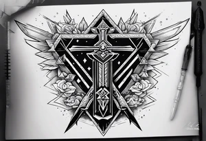 The Master Sword from The Legend Of Zeld stuck into the Triforce with Triforce radiating beams of light with the akatsuki clouds behind it all. tattoo idea