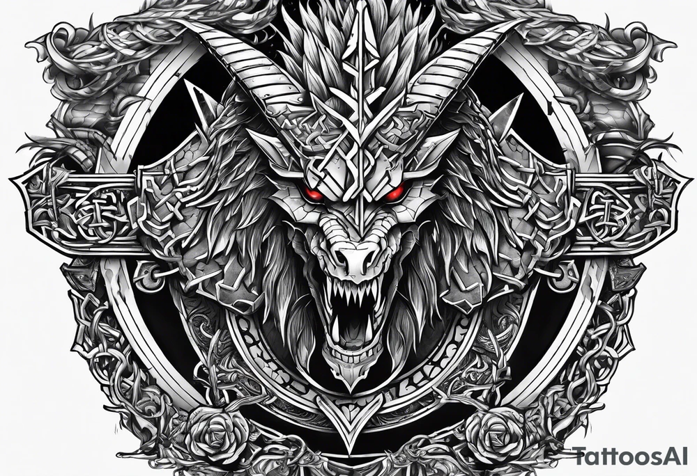 Valhalla sword shield dragon axe Valknut barbed wire chains tattoo idea