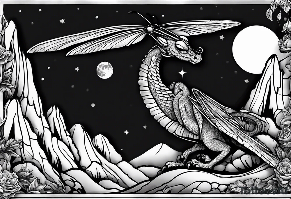 Mexican dragon fly ring over a mountain and around the moon arms sleeve tattoo idea
