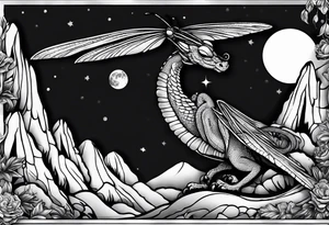 Mexican dragon fly ring over a mountain and around the moon arms sleeve tattoo idea