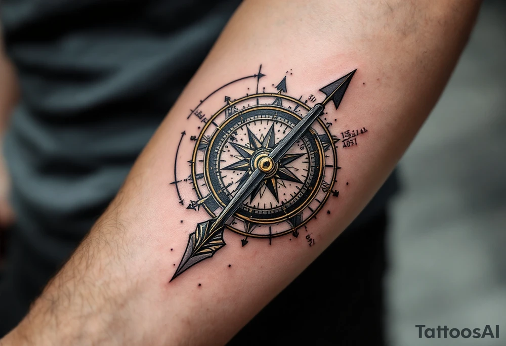 steampunk half compass/clock with a full-length arrow saying "Isaiah 40:31" tattoo idea