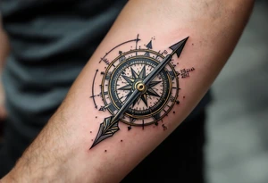 steampunk half compass/clock with a full-length arrow saying "Isaiah 40:31" tattoo idea