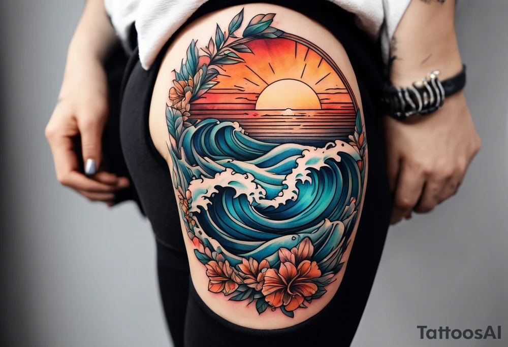 Round tattoo, inside sunset and ocean drawing with retro look tattoo idea
