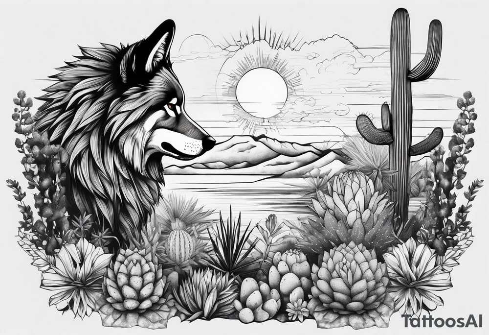 Lobo ,  cactos e árvore da vida por do sol braço parte de cima tattoo idea