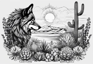 Lobo ,  cactos e árvore da vida por do sol braço parte de cima tattoo idea