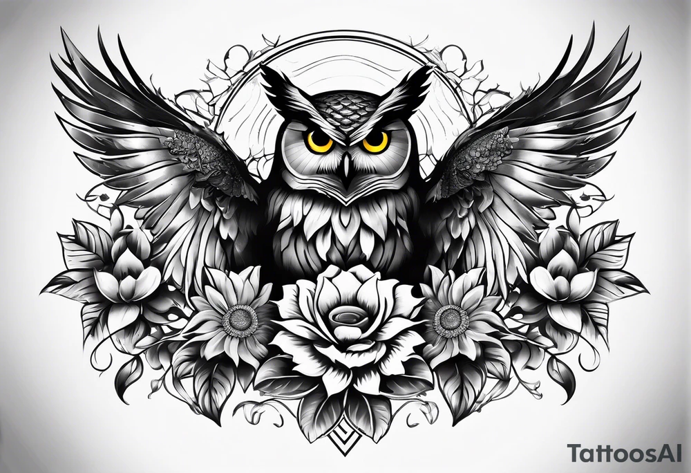 Sleeve with an owl, sunflower and butterfly tattoo idea