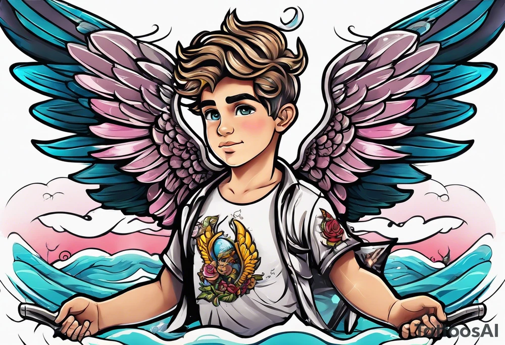 cupido  fly boy with wings, background sea tattoo idea