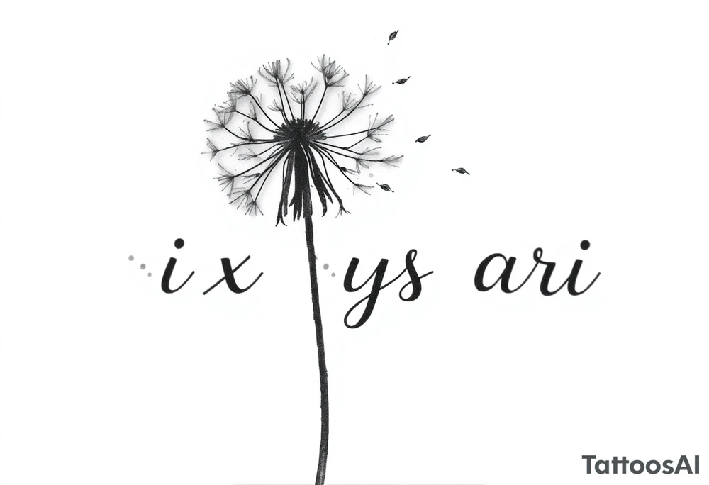 This image showcases a black-and-white watercolor-style illustration of a dandelion. The dandelion is depicted in fine detail, with its delicate seeds dispersing into the air. The artistic approach includes an ink-wash effect, where the stems appear to be dripping down like wet ink or paint, creating a dreamy and fluid aesthetic.

The background is minimalistic, with soft splatters and shading, adding to the abstract and ethereal feel. The contrast between the dark ink and the white background gives the image a striking, modern, and artistic look. It conveys themes of freedom, change, and the fleeting nature of time. Rix Rys Ari realistic drawing tattoo idea