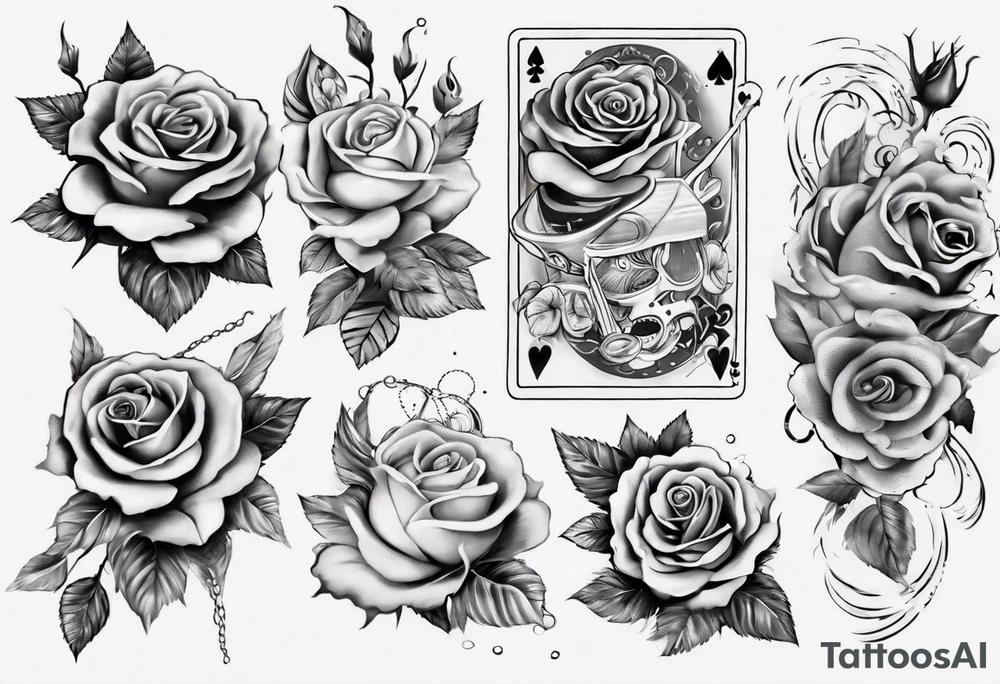 Half-sleeve with roses, beach theme and gambling tattoo idea Half-sleeve with roses, beach theme and gambling tattoo idea