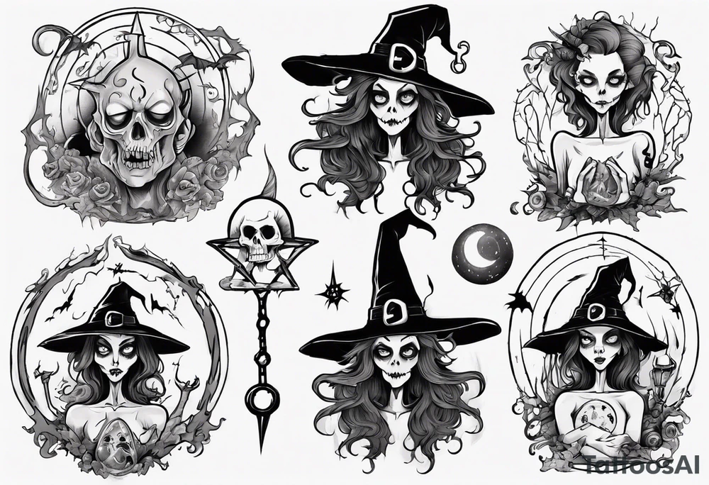 a Tim Burton-style witch necromancer tattoo idea