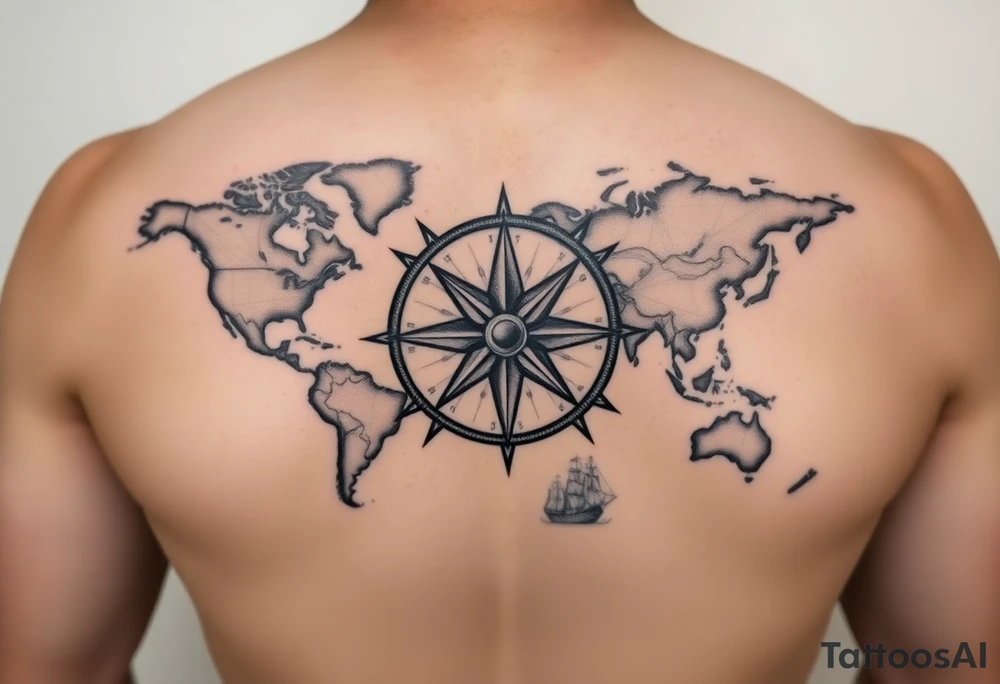 antique compass rose overlaid on weathered world map with sailing ships tattoo idea