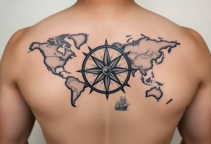 antique compass rose overlaid on weathered world map with sailing ships tattoo idea