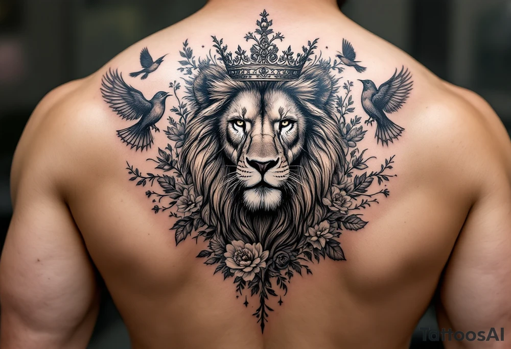 powerful majestic lion with a crown, surrounded by floral ornaments and birds tattoo idea