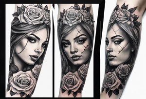 fool sleeve,, abandoned old gotic house, broken sword, roses, tattoo idea