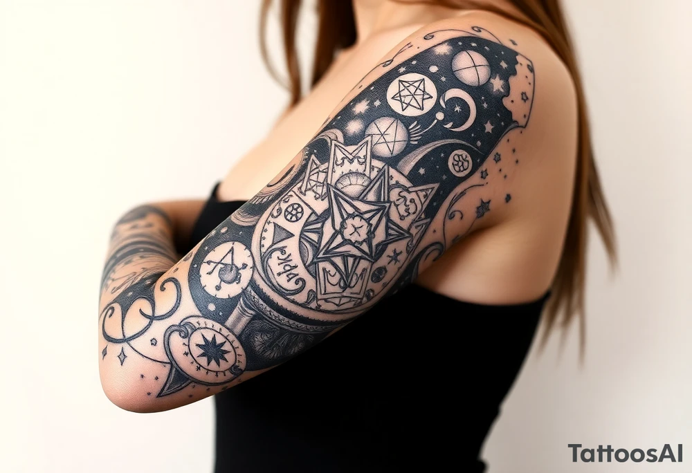 Milky way galaxy filled with zodiac symbols runes tarot cards coming out of a cauldron tattoo idea