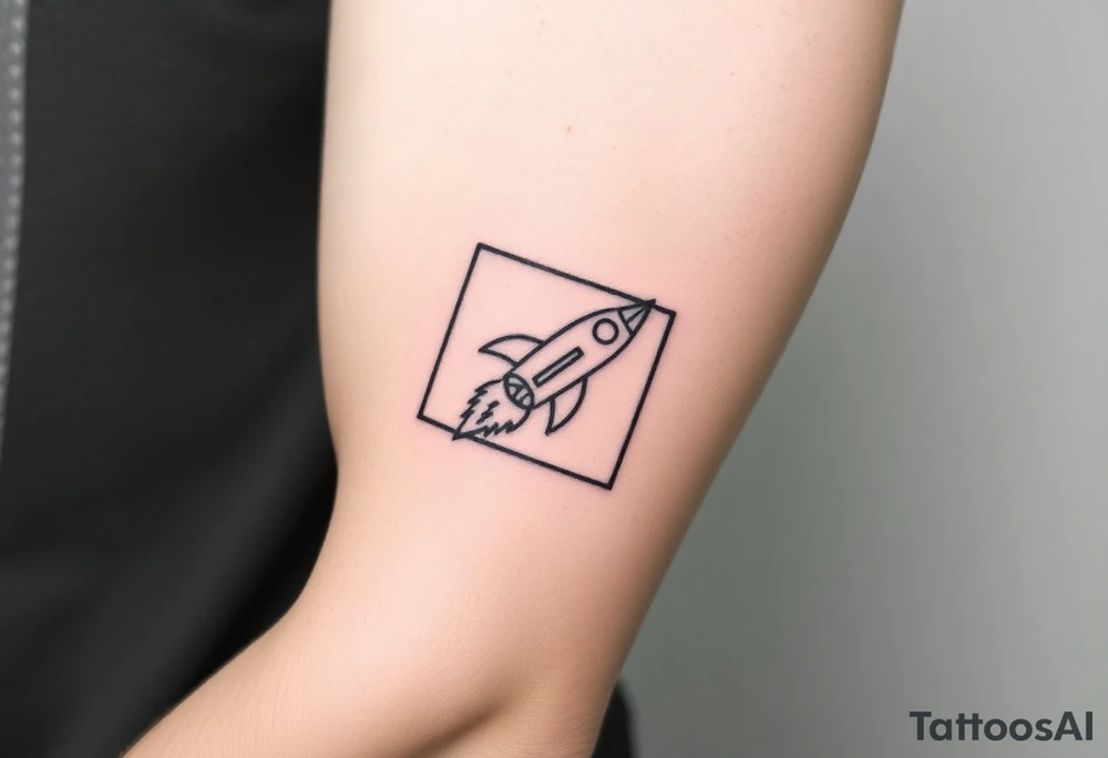 Rocket ship with a twinkling star, inside a black rectangle, shooting out of the rectangle tattoo idea