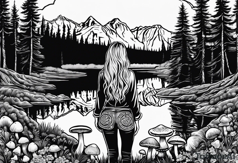 Whole picture encircled fully

Straight long blonde hair hippie girl in distance holding mushrooms in hand facing away toward mountains and creek surrounded by mushrooms long sleeve shirt and hiking pants; whole rendering within a full celtic circle, no cut off circle tattoo idea