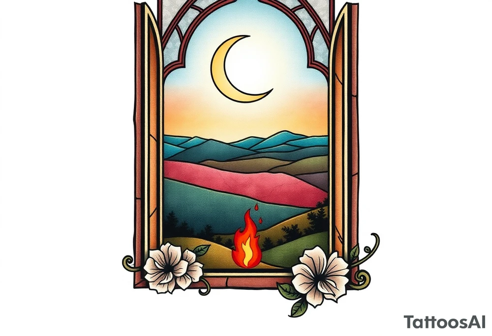 Tall church window with stained glass showcasing crescent moon over a hilly landscape as a fire burns in the distance '


, tattoo idea