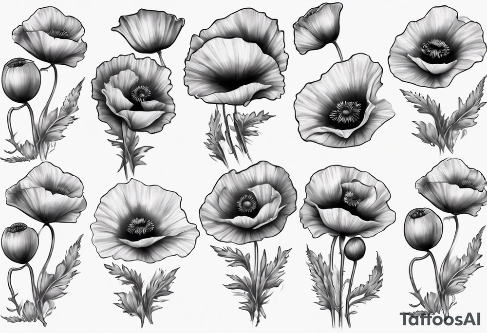 Sleeve with 14 poppies, one black and white. military themed tattoo idea