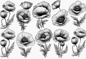 Sleeve with 14 poppies, one black and white. military themed tattoo idea
