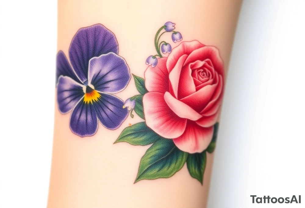 African violet, Daisy, Lily of the valley, Rose in a flower pot. Light color shading tattoo idea