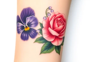 African violet, Daisy, Lily of the valley, Rose in a flower pot. Light color shading tattoo idea