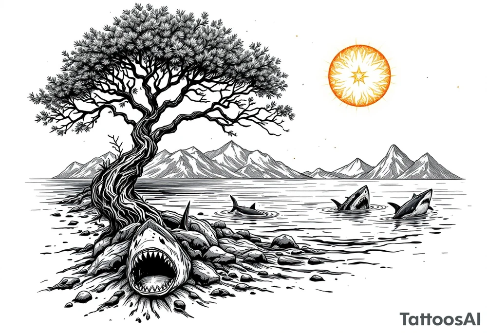 tattoo that has an acacia tree with mountains, ocean with a ship wreck with sharks and the bright northern star tattoo idea