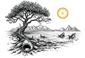 tattoo that has an acacia tree with mountains, ocean with a ship wreck with sharks and the bright northern star tattoo idea