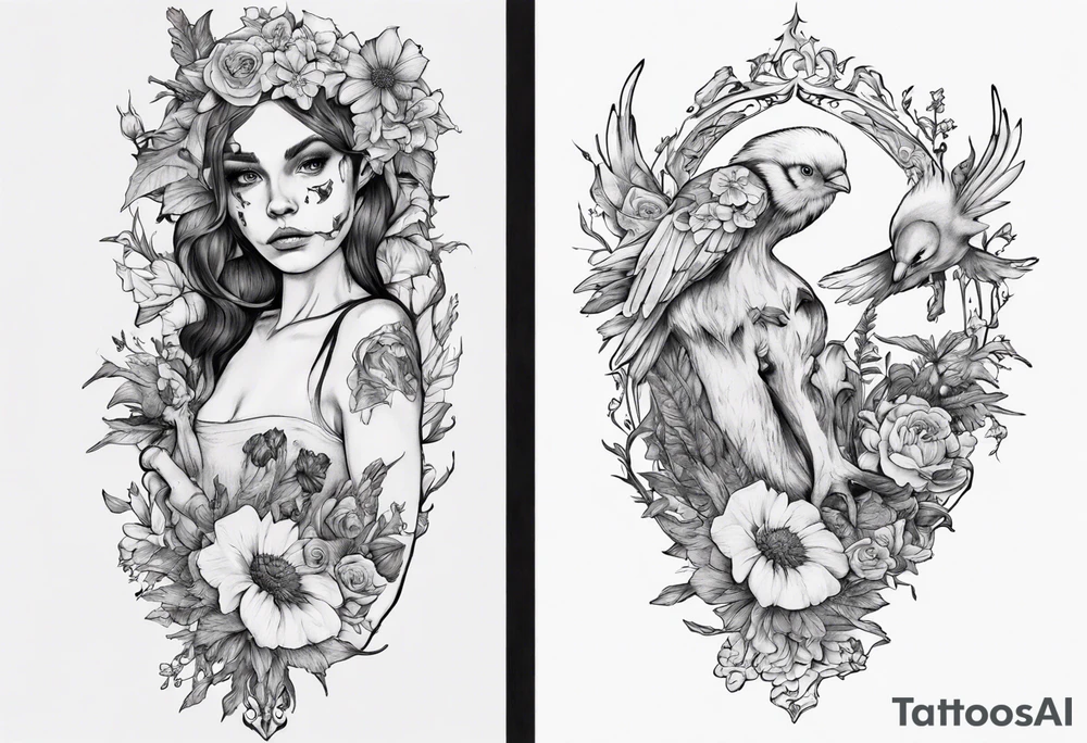 Elf carrying her dead bird in a flower medow tattoo idea