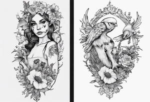 Elf carrying her dead bird in a flower medow tattoo idea