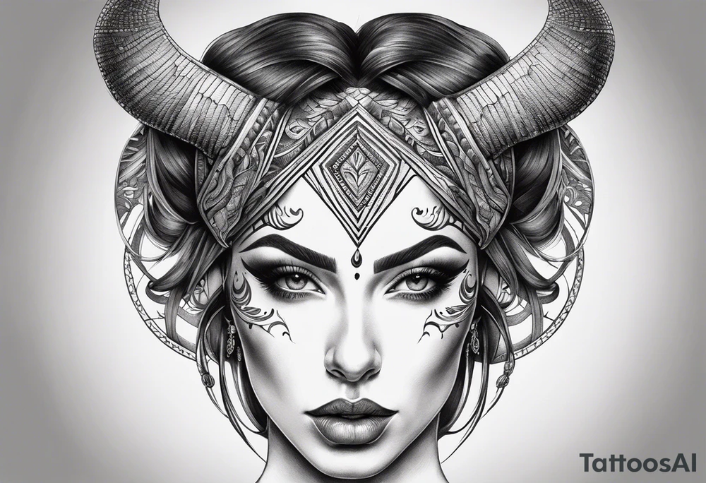 symmetrical woman head with curved horns facing downwards dark realism looking front facing view, ultra-detailed, high quality, high sharpness, hyper-realism, hyper-photorealistic, hyper-realistic tattoo idea