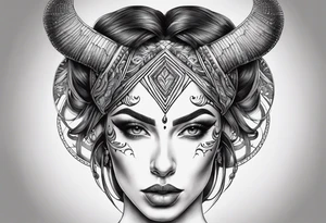 symmetrical woman head with curved horns facing downwards dark realism looking front facing view, ultra-detailed, high quality, high sharpness, hyper-realism, hyper-photorealistic, hyper-realistic tattoo idea